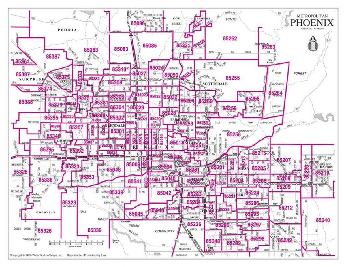 फीनिक्स के शहर के ज़िप कोड का नक्शा